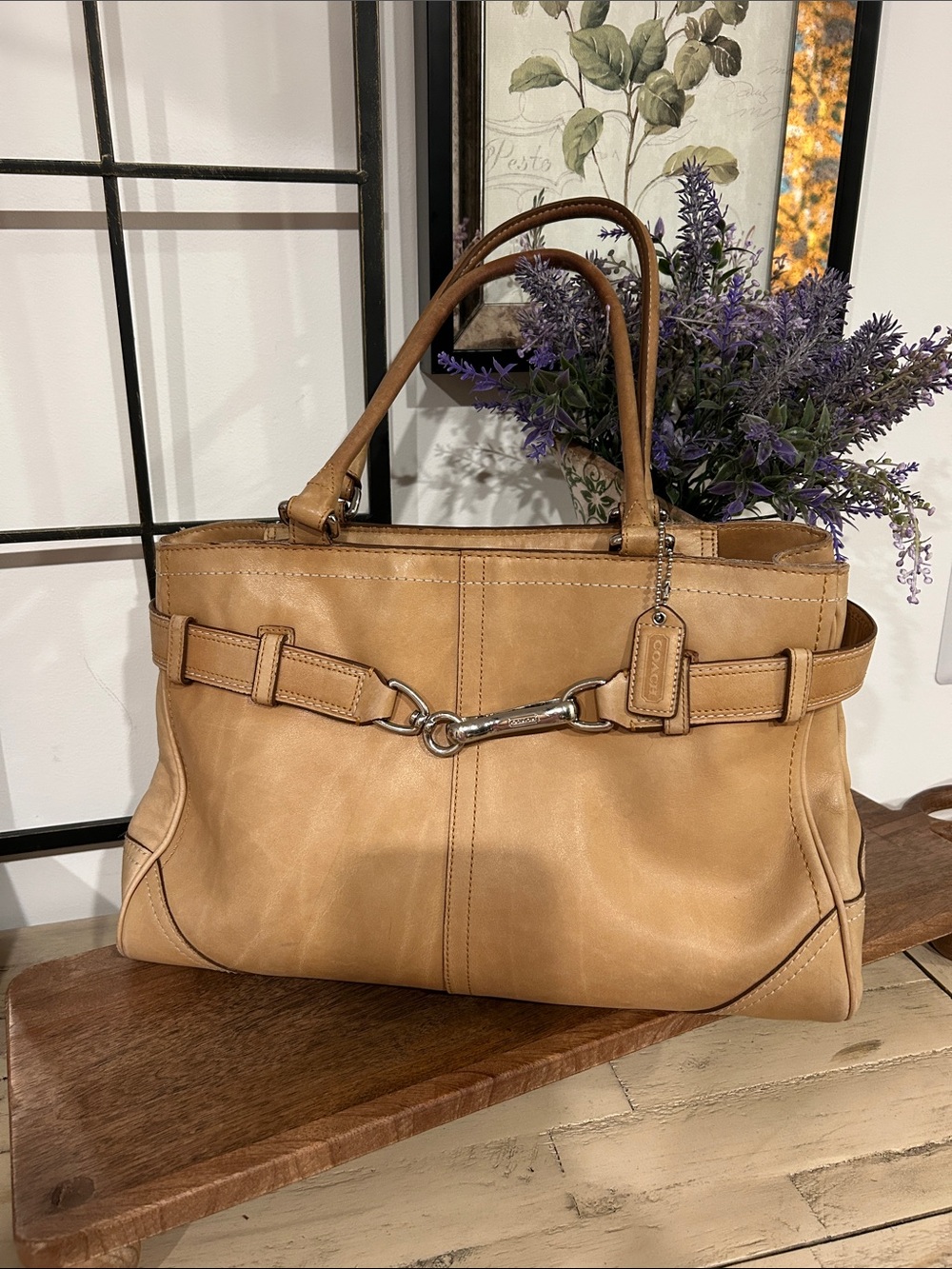 Coach Tan Leather Shoulder Bag with Silver-Tone Bit